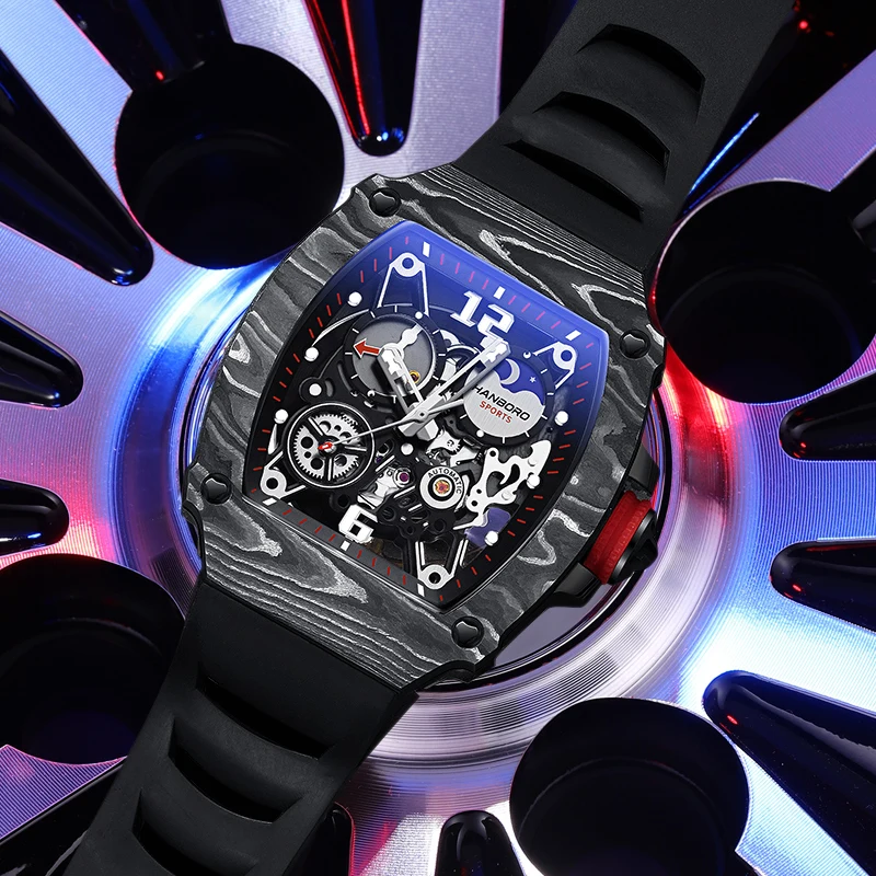 

HANBORO fully automatic carbon fiber mechanical watch men's waterproof hollow genuine watch