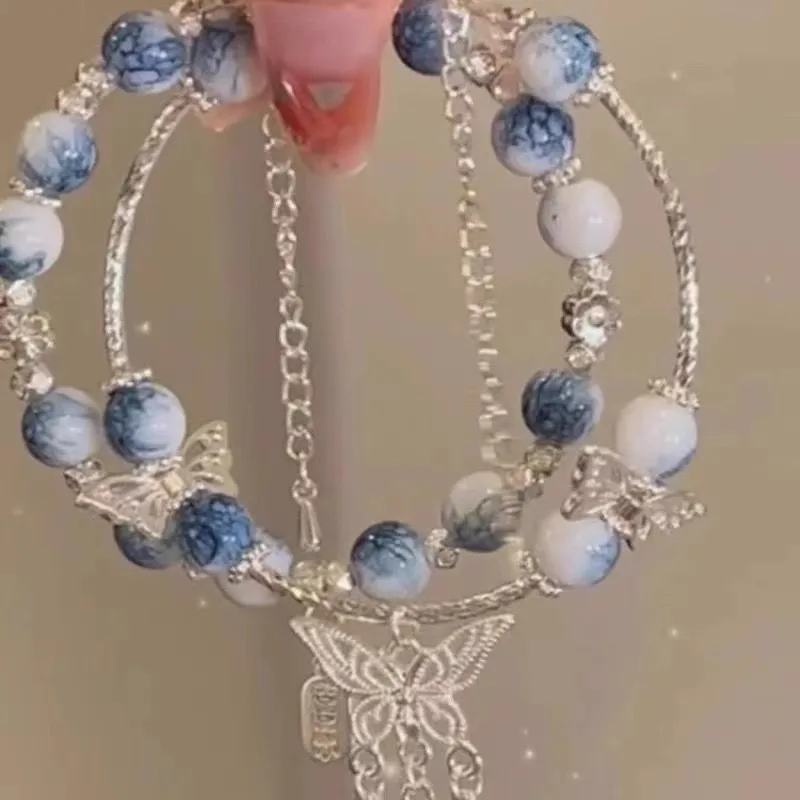 Chinese Style Blue And White Porcelain Butterfly Tassel Lucky Bracelet For Women Oriental Blessing Peace Fu Beaded Bracelet Exqu