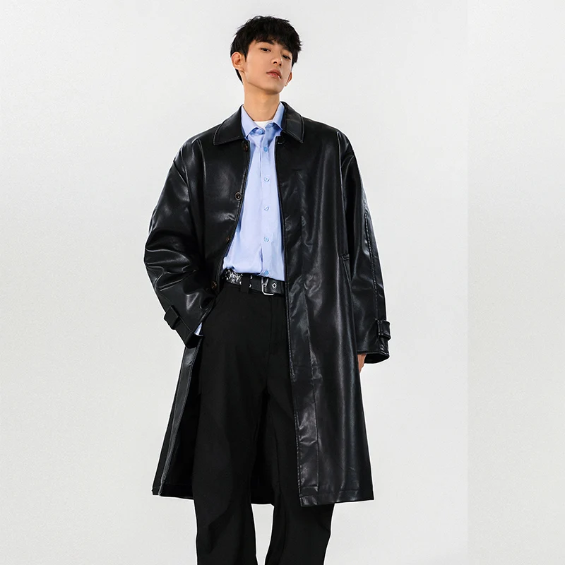 Mens PU Trench Coat 2025 Autumn Winter Windproof Long Outerwear Jacket Fashionable Trendy Leather Coat For Men