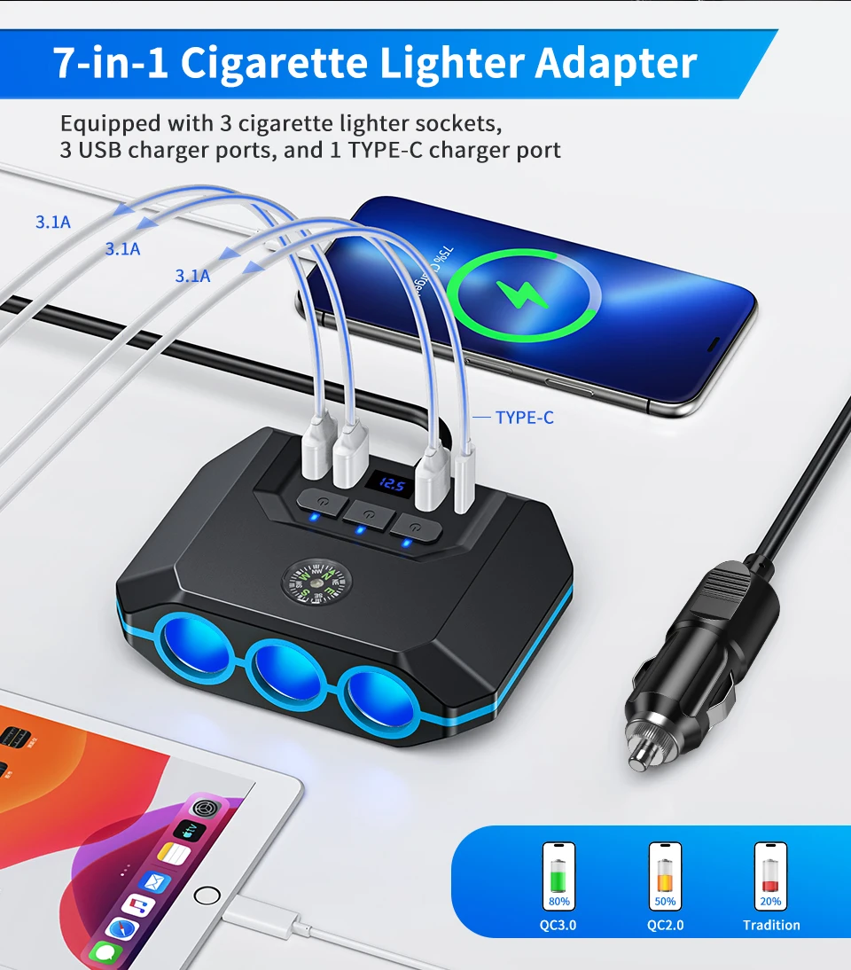 Extractme 120W 12-24V adaptador divisor de encendedor de cigarrillos de coche toma de corriente USB PD automática con cargador divisor de cigarros