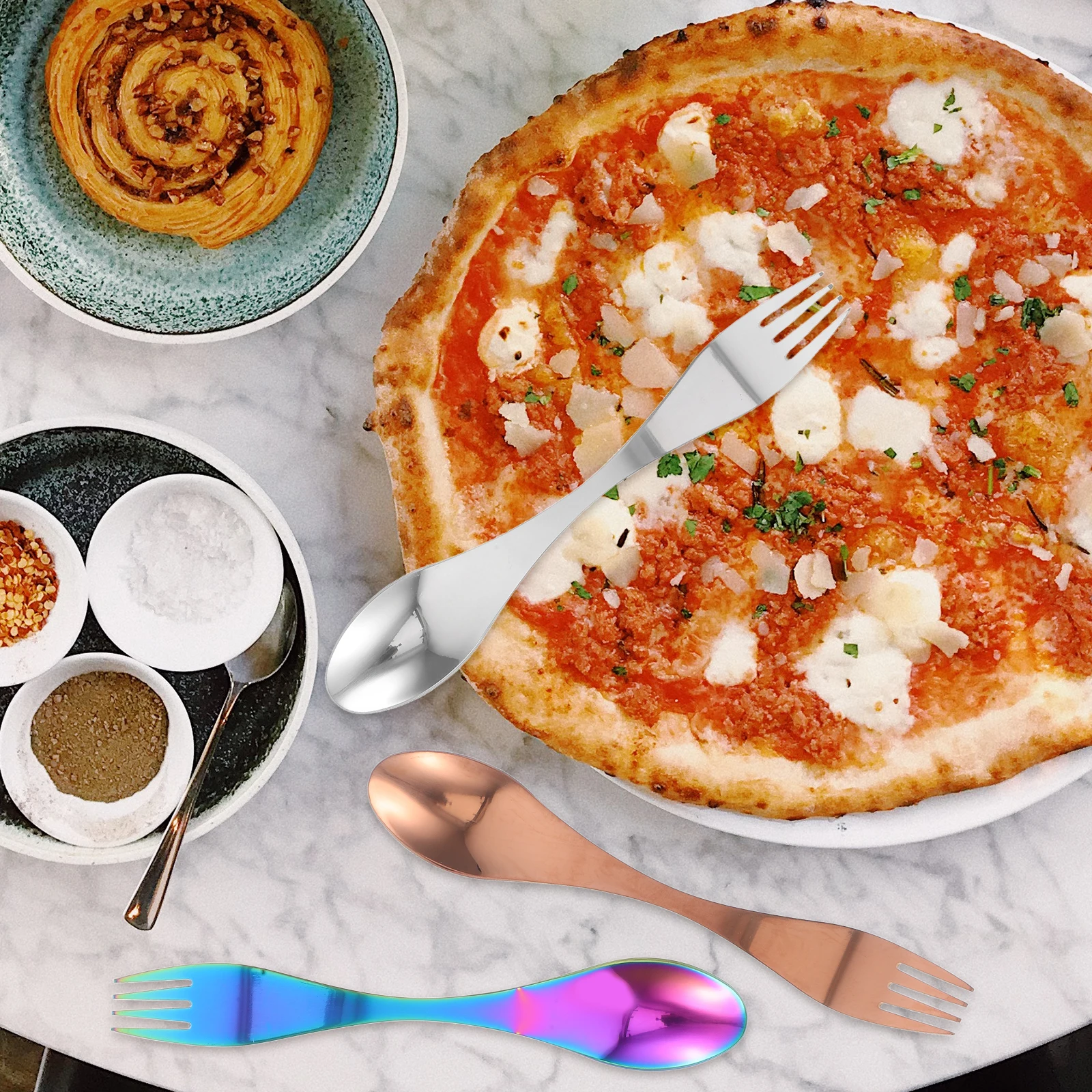 

5 шт., вилка из нержавеющей стали, посуда, экологически чистый, современный набор столовой посуды Spork, портативные дорожные столовые приборы, легко чистится