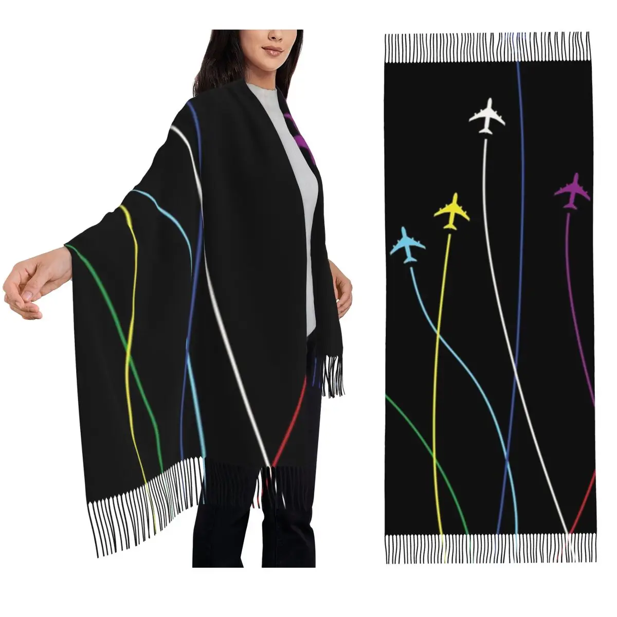 

Rainbow Airplanes Flying On Eachother Scarf Tassel Scarves for Women Soft Warm Shawls and Wraps Long Fall Winter Shawl Wrap