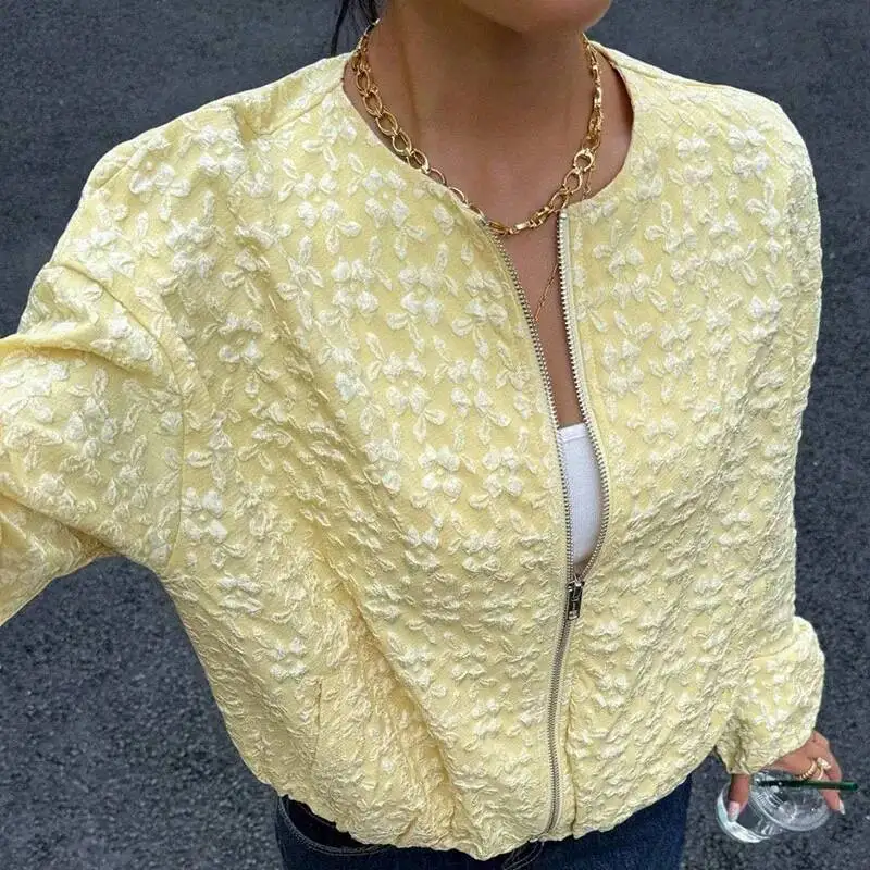 

Модная жаккардовая короткая куртка на молнии, женская элегантная уличная куртка с круглым вырезом, весенне-осеннее повседневное свободное желтое пальто