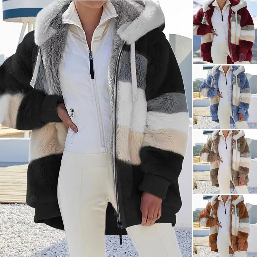 Chic Winter Jacket Color Block Fluffy Cozy Plus Size Women Winter Coat  Warm Lady Autumn Jacket Winter Clothes