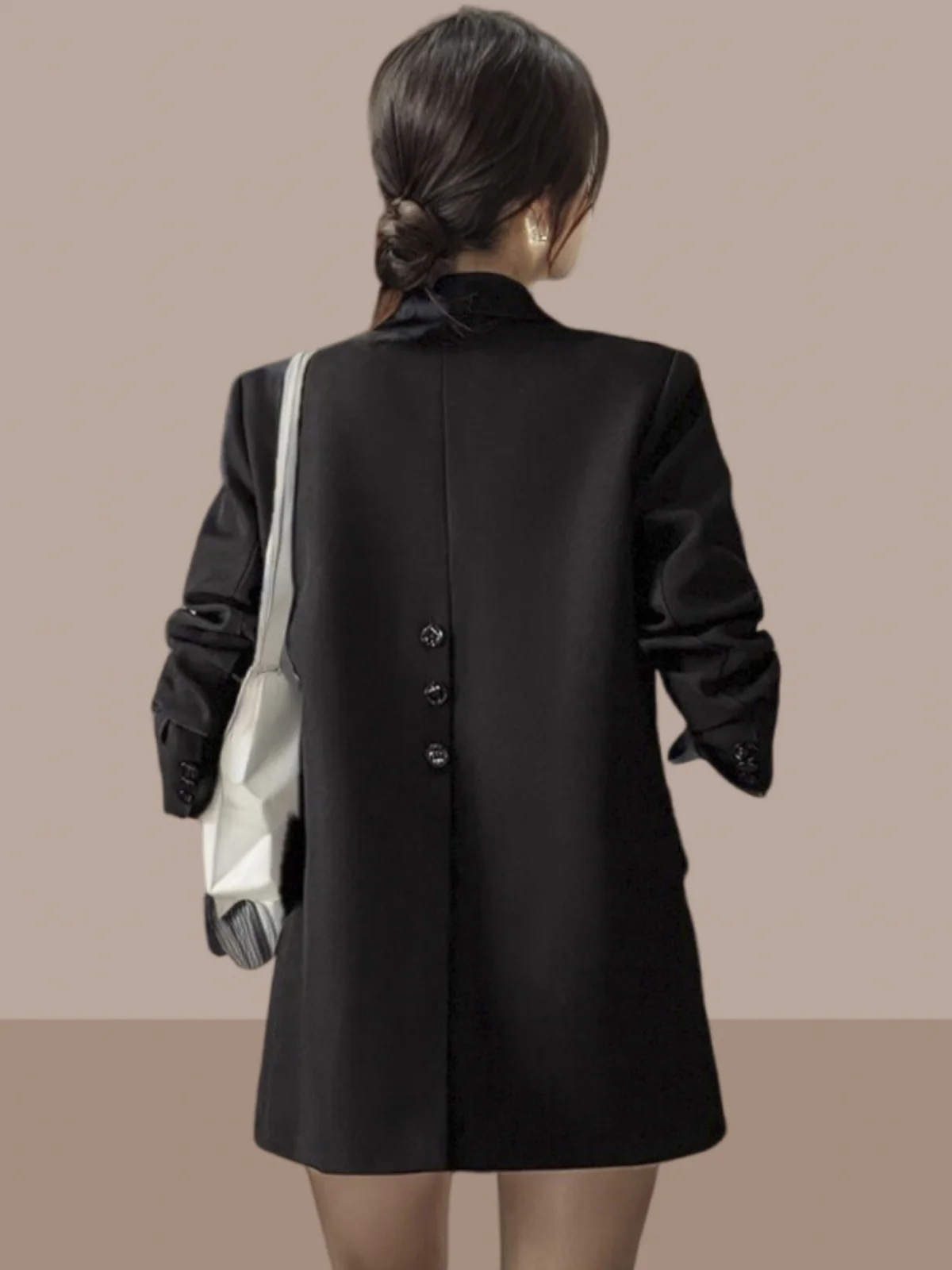 

Elegant Women's -Suit Jacket Spring Autumn New Style Pocket Detail Woolen Coat Long Sleeve round Collar Single Button