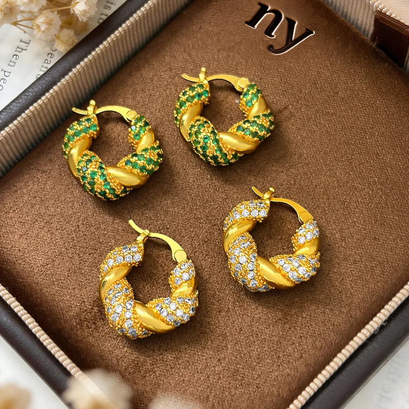 Vintage 24K Gold AU999 Light Luxury Zircon Twisted Hoop Earring, combining twisted craft and shining zircon detail