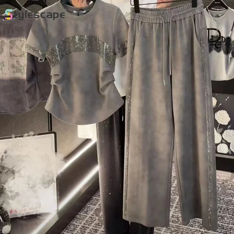 Camiseta de manga corta con diamantes para mujer, conjunto de Top y pantalones adelgazantes, versátil y a la moda, nuevo diseño de verano