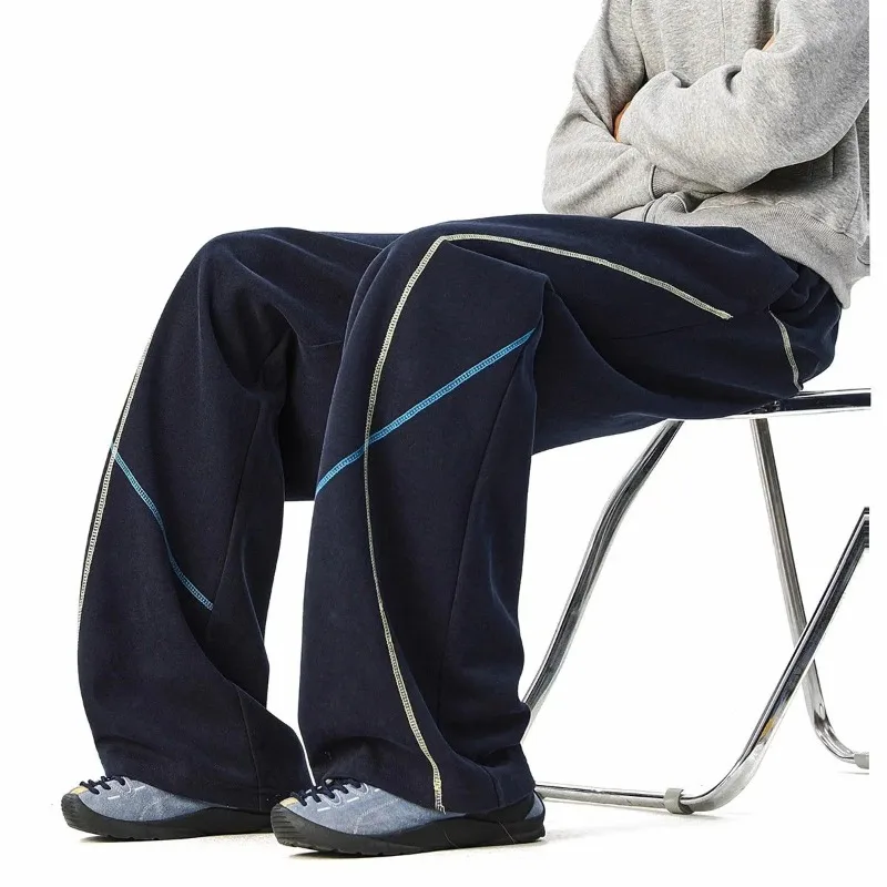 Unisex Wide-Leg Track Pants Elastic Waist with Contrast Stitching Baggy Fit