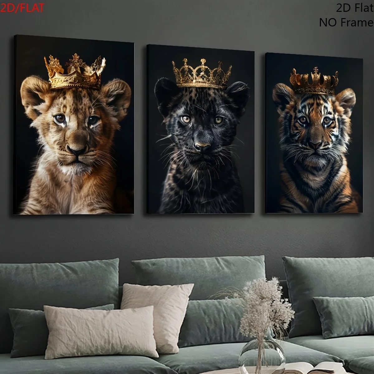 （NO Frame 3PCS）-2D Flat, 2D Flat, A Set of Three Portrait Animal Print Posters Featuring a Lion with a Crown, a Black Panther