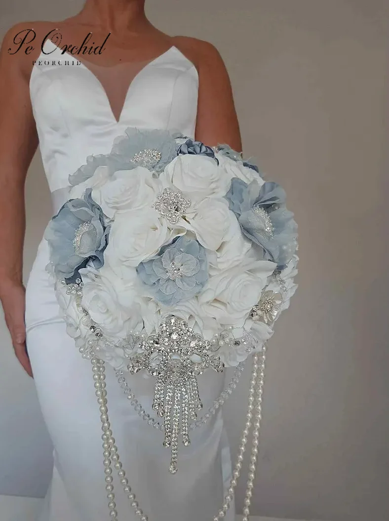 PEORCHID Elegant Artificial Blue White Bridal Bouquet Wedding Bride Silver Cascading Pearls Brooch Bouquet Jewel Flowers
