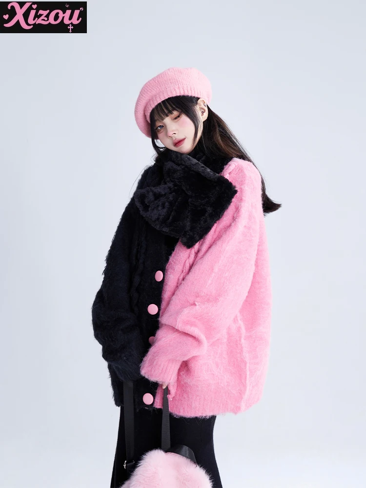 

Black Pink Cardigan Sweater Autumn Girl Sweet Design Sense Splicing Contrasting Color Loose Long-sleeved Knitted Jacket Women