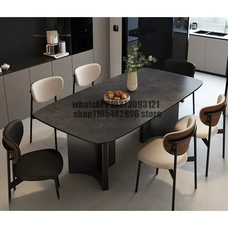 Nordic rock slab dining table rectangular household modern simple light luxury matte stainless steel rock slab dining table