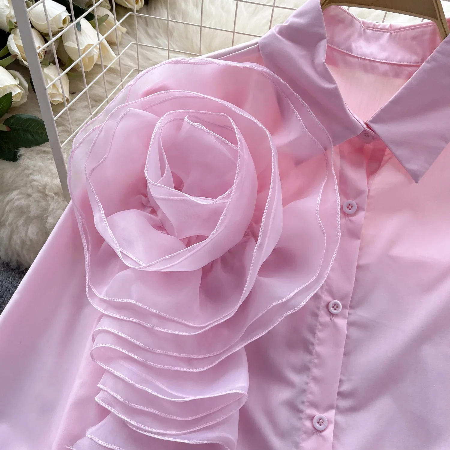 2024 Solid Summer Shirts&blouses 3D Flowers Vintage Korean Fashion Women Tops Elegant Sweet Party Blusas Mujer