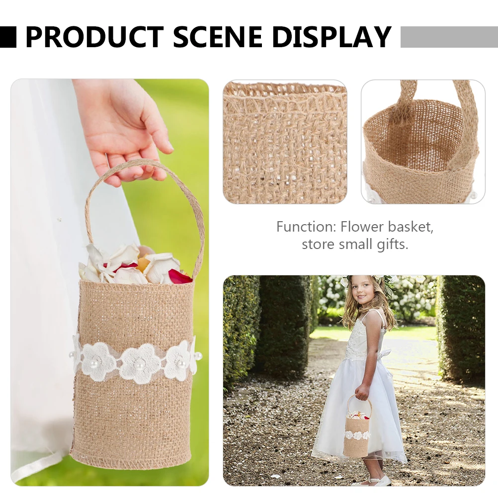 

2 pcs Wedding Flower Girl Basket Linen Burlap Storage Decor Gift Banquet Toddler Home Use Storage Container