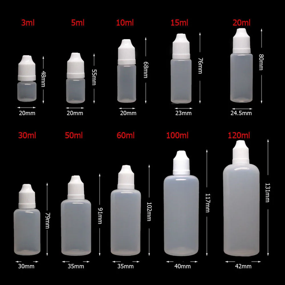 5 uds 3ml 5ml 10ml 15ml 20ml 30ml 50ml 100ml 120ml botella cuentagotas de plástico LDPE tapa extraíble contenedor de llenado de líquidos