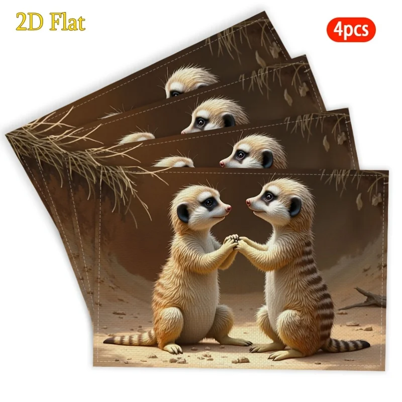 4Pcs Meerkat Family Linen Placemat Cute Animal Photo Table Mat Non Slip Coaster Heat Resistant Dining Bowl Pad Room Decor