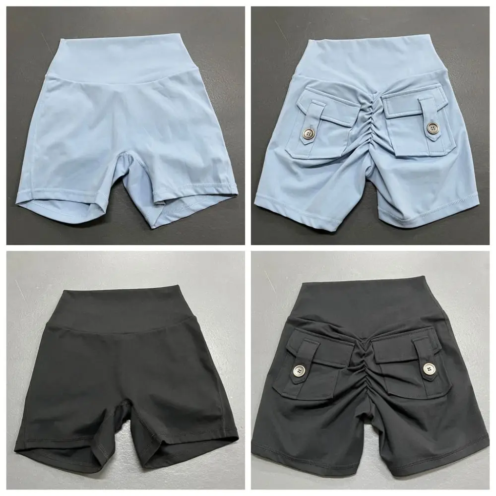 High Waist Pocket Gym Shorts Breathable Push Up Peach Hip Shorts with Pocket Buttocks Scrunch Yoga Shorts for Women Beach