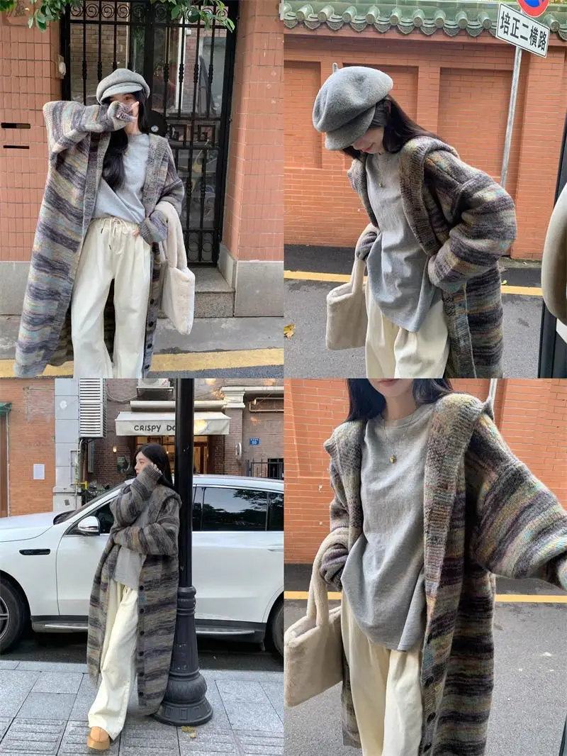 

Mid-Long Cardigans Burgundy Womens Autumn Floral Chunky Knitted Preppy-Style Cable Niche Splicing Fancy Asymmetric V-Neck Frilly