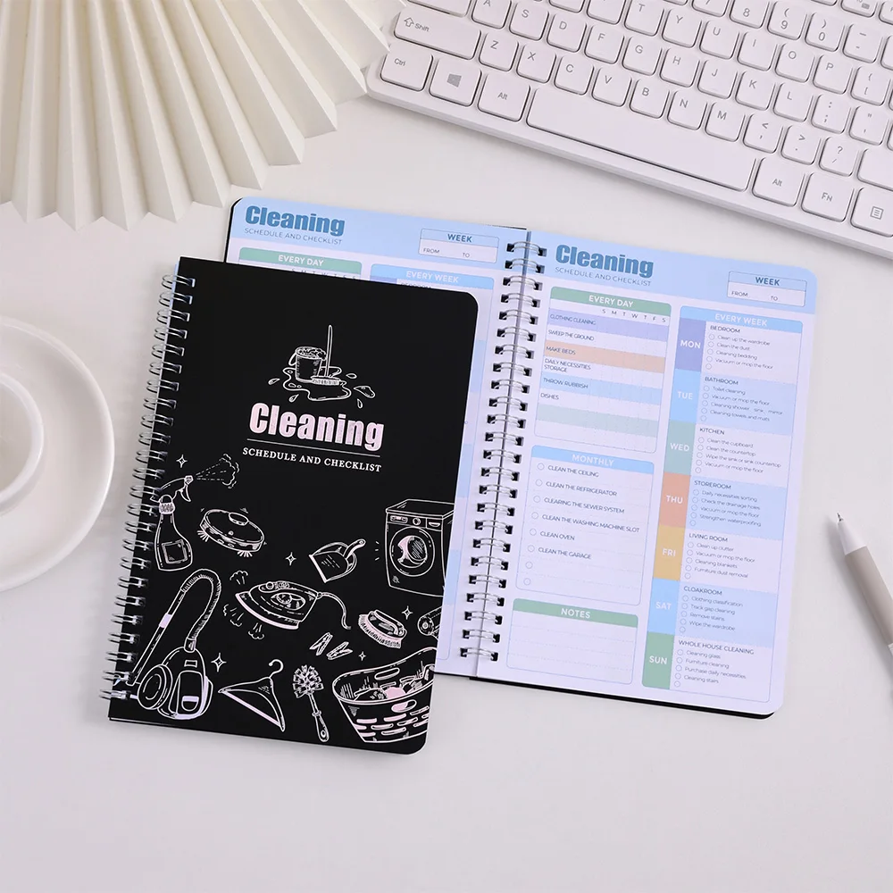 48-Blatt-Reinigungsplaner mit schwarzer PVC-Abdeckung, täglicher, wöchentlicher, monatlicher Organizer, Reinigungsliste und Checkliste für Heimbürobedarf