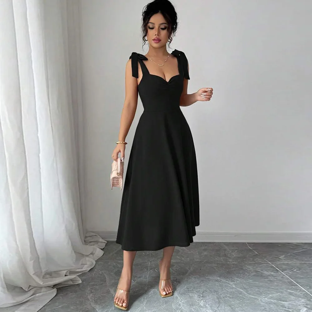 

Black Jersey Sweetheart Customized Evening Dress Classic A-Line Cap Sleeve Party Gowns Modern Style Tea Length Prom Dress