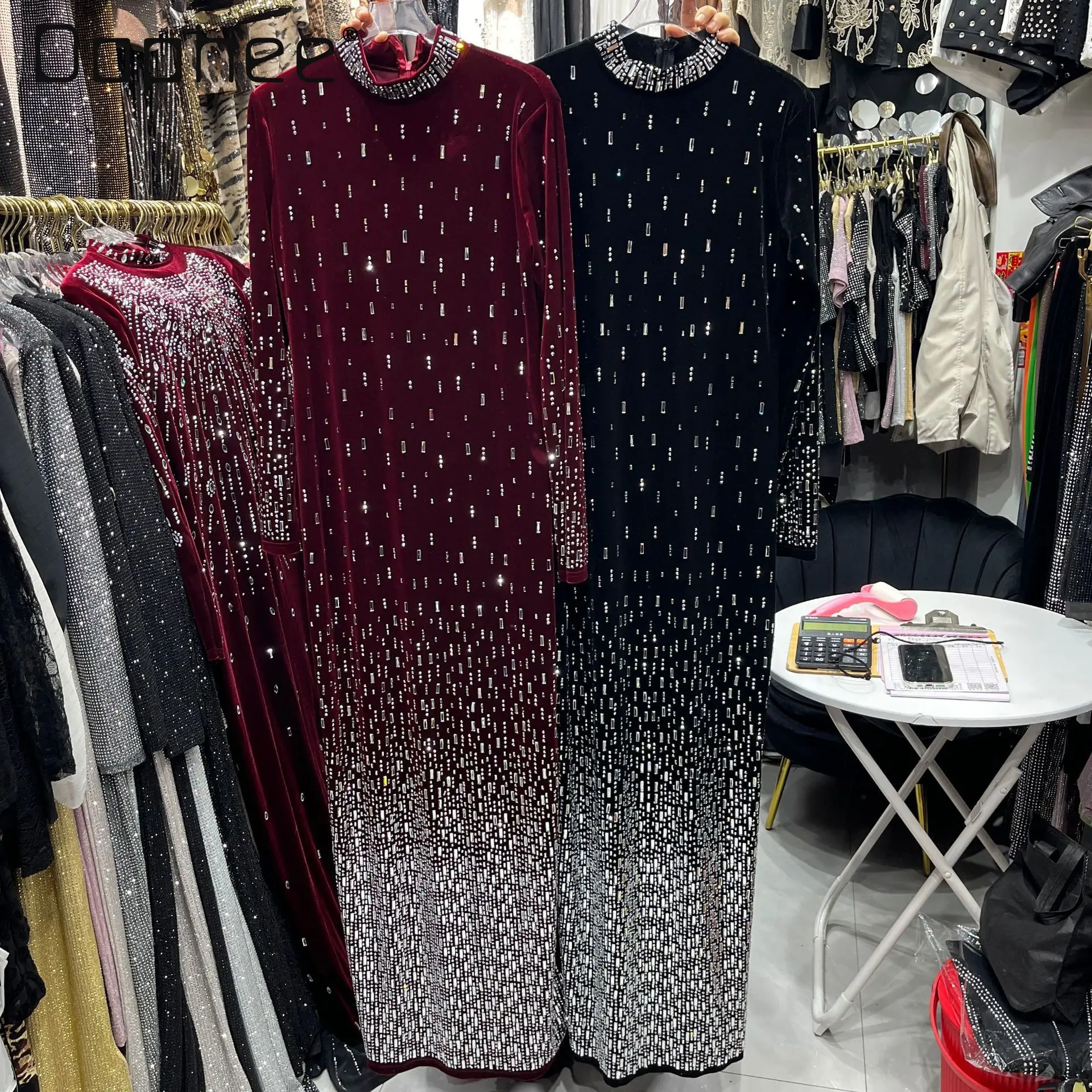 

European Style New High-End Heavy Craft Gradient Color Rhinestone Velvet Long Dress Women Fashion Slim Elegant Evening Dresses