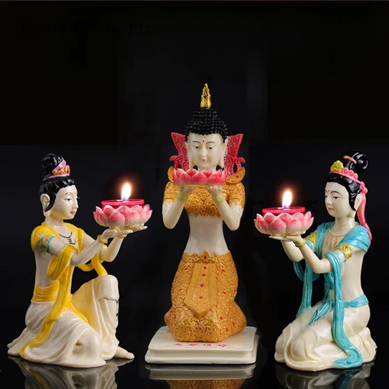 2PCS resin Dunhuang goddess butter lamp holder fairy supply lamp household lotus candle holder Buddha front supply lamp pair