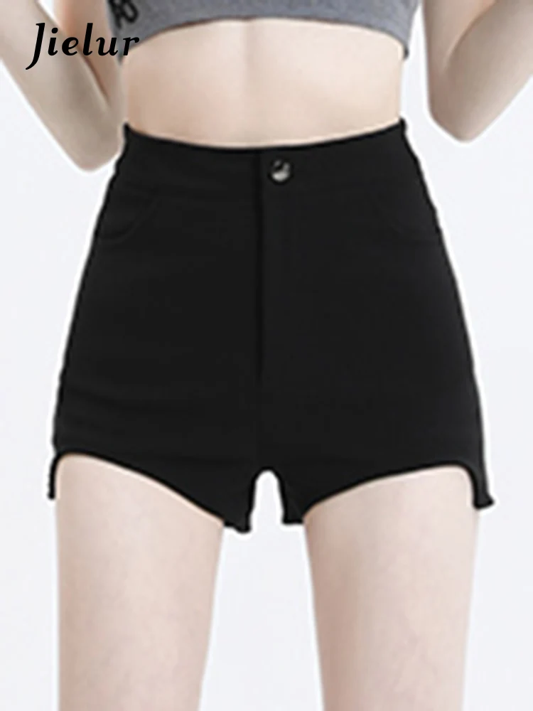 Jielur-Short noir moulant pour femme, vêtement de bureau, taille haute, slim, résistant, léger, commandé, à la mode, été