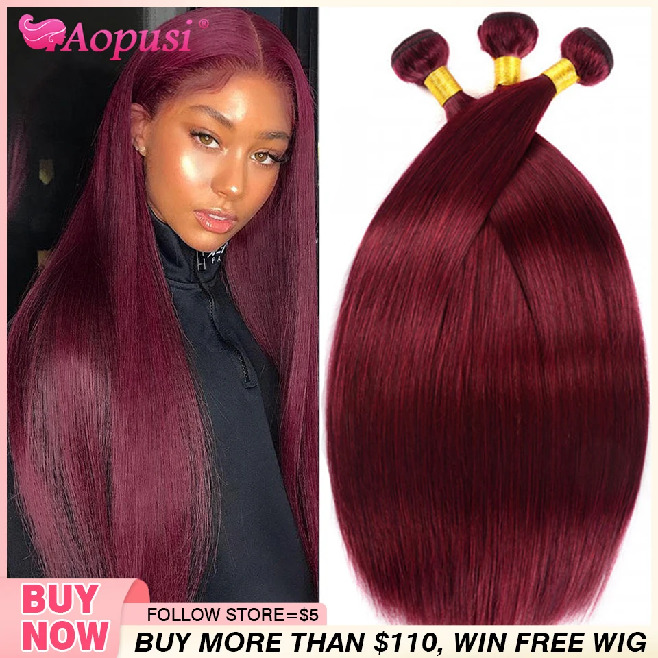 Aopusi 99J Straight Brazilian Human Hair Bundles Burgundy Red Straight Hair Weave Bundles 1/3/4 PCS Bundle Deals Hair Extensions