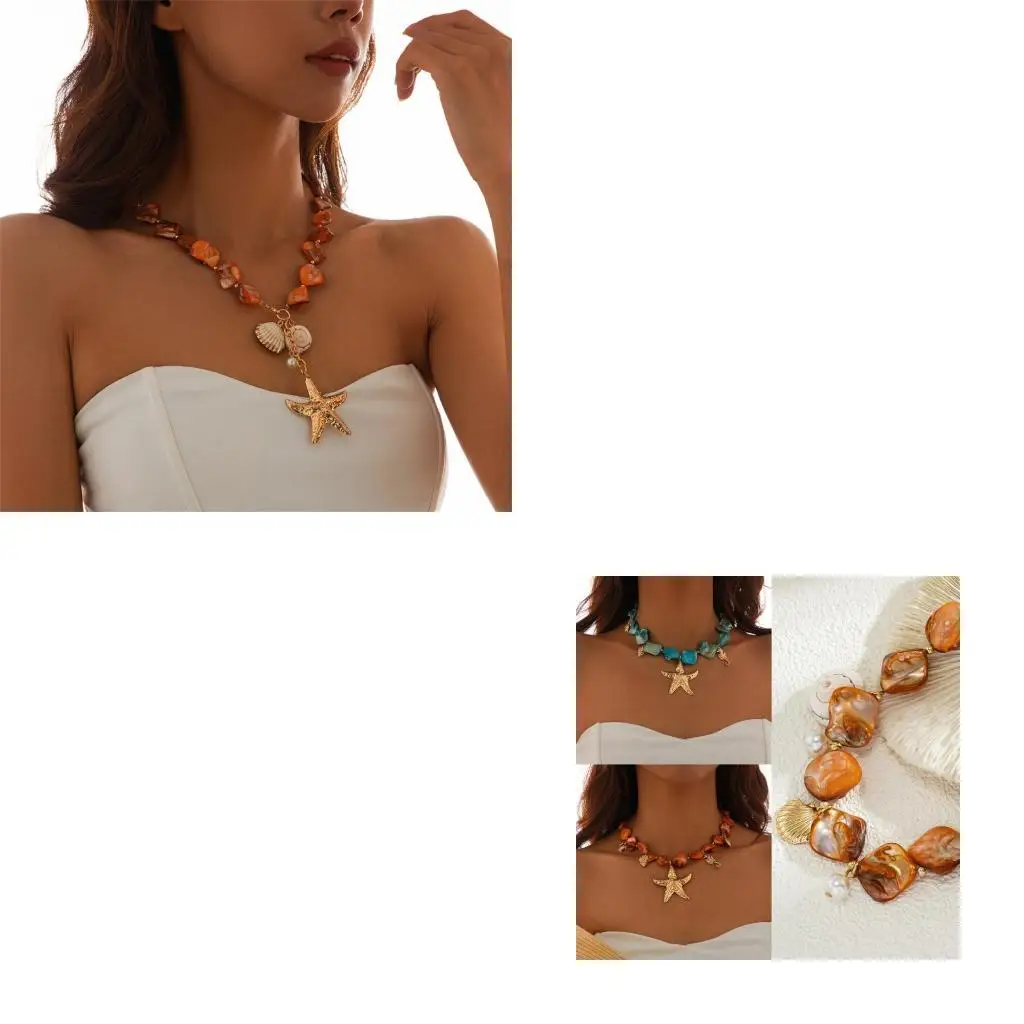 

39BD Shell Choker Necklace with Pearls Irregular Starfishs Pendant Necklaces for Women