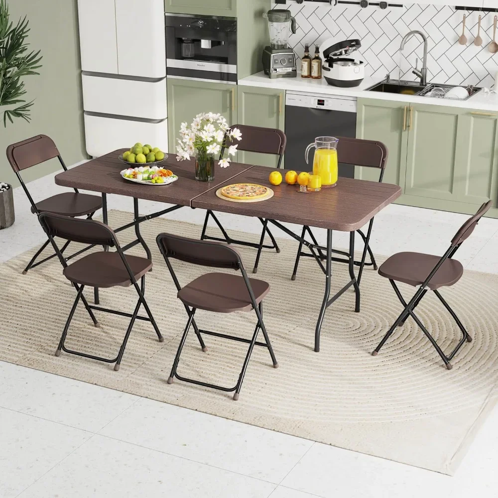 6 ft Portable Folding Table w/ Wood Grain HDPE Tabletop Safe Lock Mechanism view 5