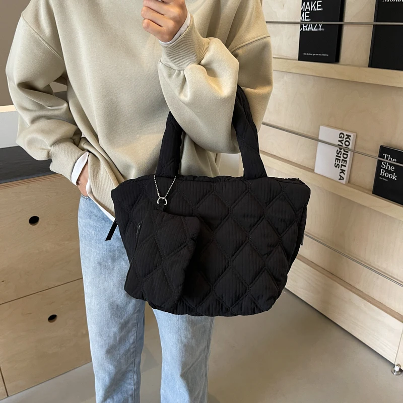 

Women Quilted Shoulder Bag Diamond Pattern Puffer Tote Bag Solid Color Top Handle Handbag for Work Travel Gym