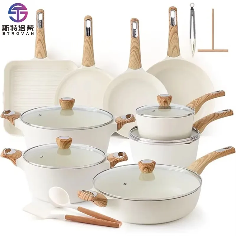 

Ceramic White Kitchen Saute Pans and Pots Non Stick Camping Cooking Tool Cookware Sets
