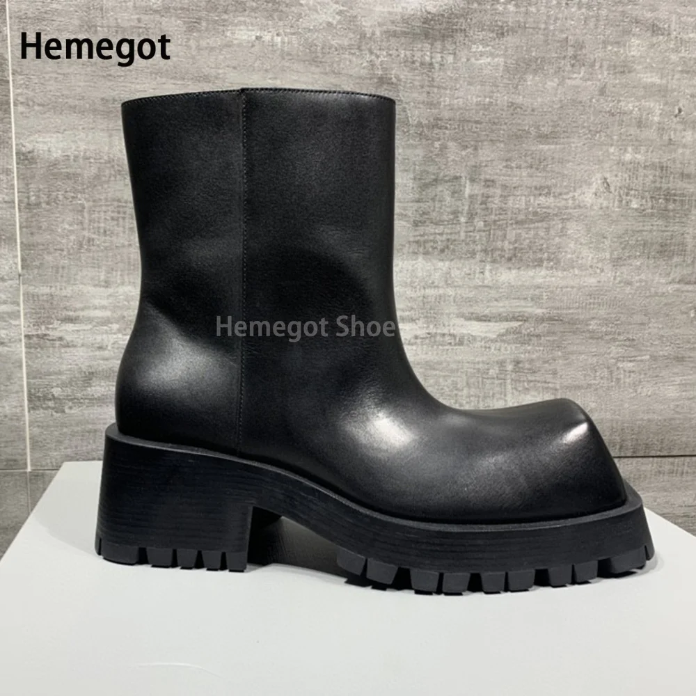 Black Large Square Toe Thick-Soled Chelsea Boots for Men In Autumn and Winter Men and Women New Leather Short Boots Rain Boots