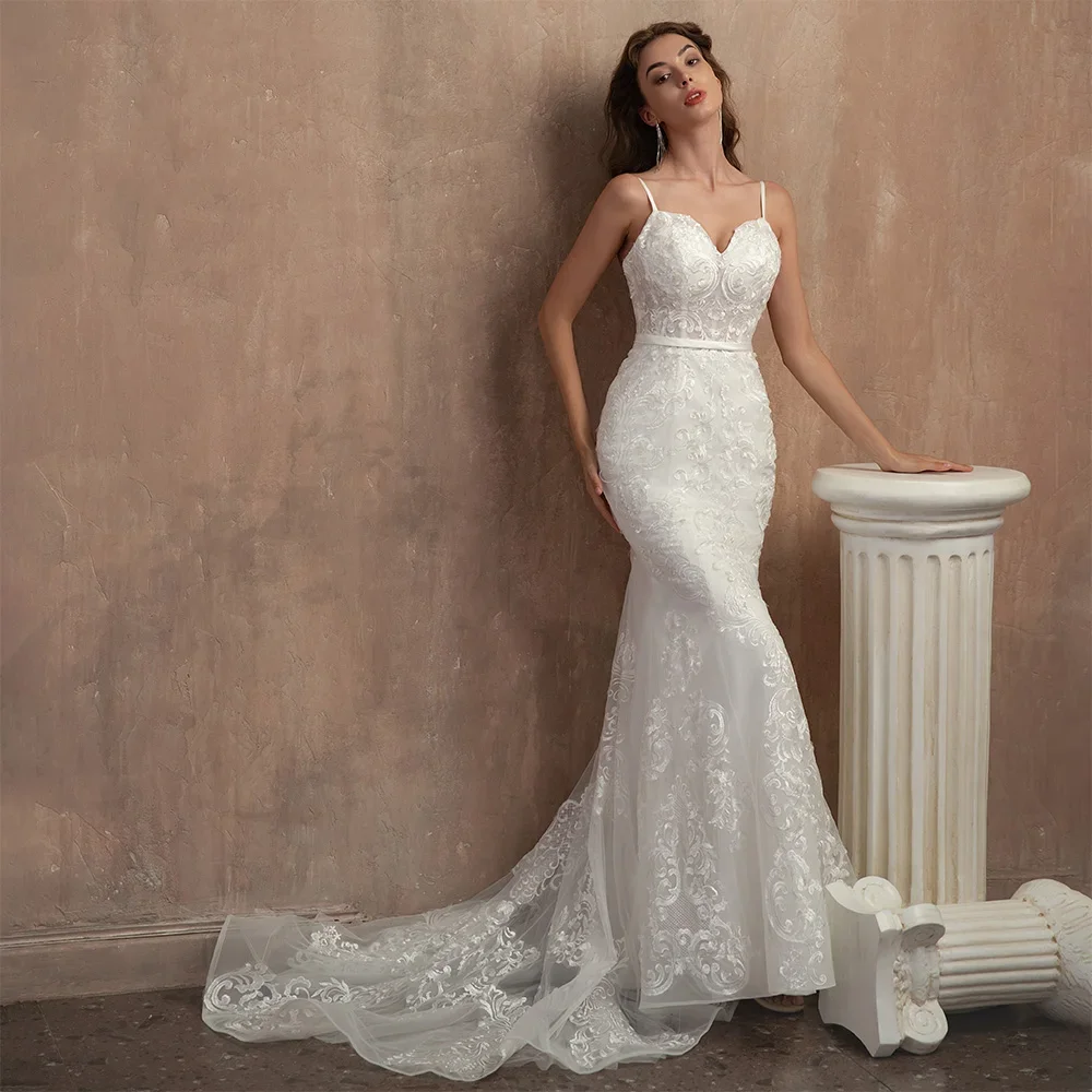 Elegante abito da sposa bianco con Spaghetti applique ricamo backless mermaid abito da sposa lungo fino al pavimento robe de mariée smileslimays