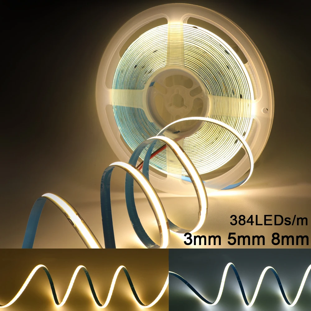 24V COB LED Strip Light 3mm 5mm 8mm PCB 2Pin Wire/DC Plug 3000K 4000K 6000K High Density Flexible Tape 12V 384LEDs/M Home Decor