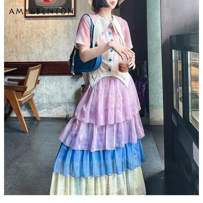 

2025 Summer New Colorful Splicing Retro Women's Skirt Original Design Slimming Thin Versatile Temperament Long Skirts Ladies