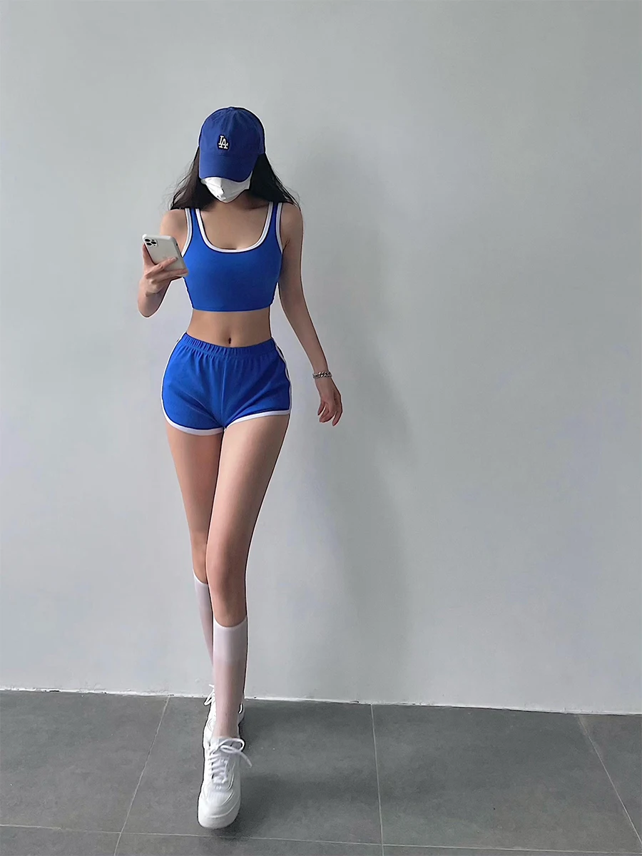 

Young Girl Day American Faion ort Crop Top And Color Blo orts Casual Sports Suit Sli Set for Women Summer