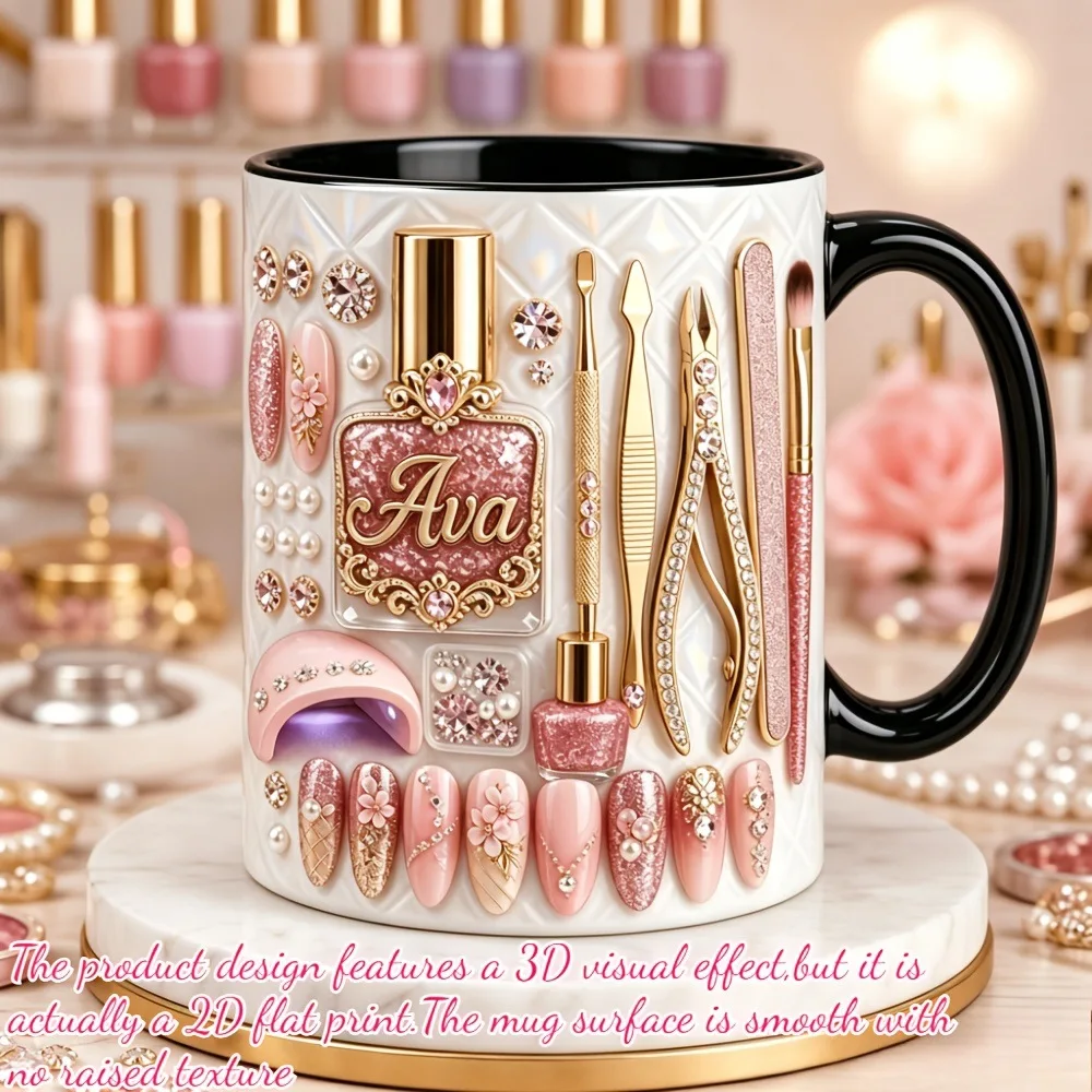 Koffiemok met keramische print, thema nagelstylist, 2D platte print nagellak manicure gereedschap patroon, origineel cadeau voor nagelartiest