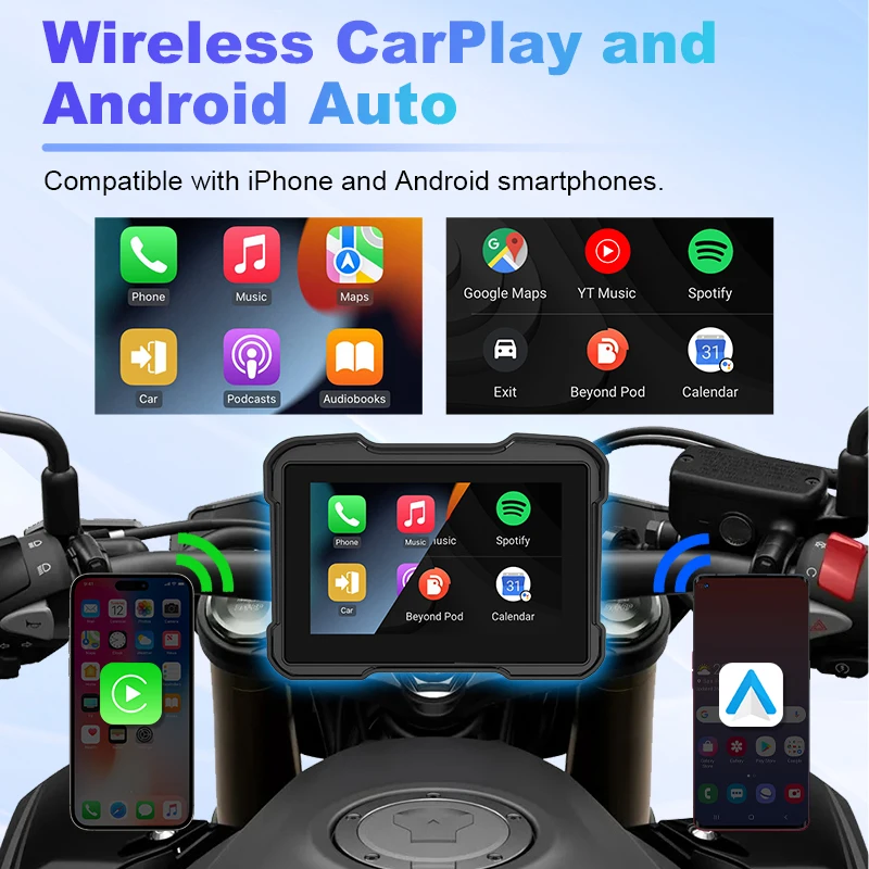 5 inch Motorcycle Navigation Wireless CarPlay Android Auto IPX7 Waterproof Display Dual Bluetooth Moto Monitor Support TPMS