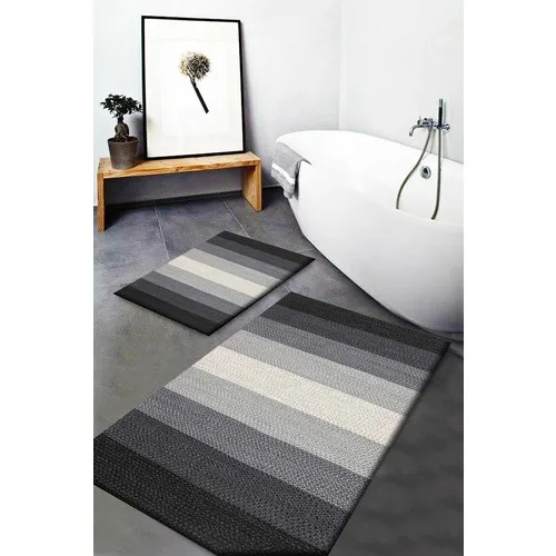 Else Carpet Else Gray Black Cream Mesh Pattern Washable Non-Slip Bath Mat 2li Toilet Seat Pad Mat Dts-34