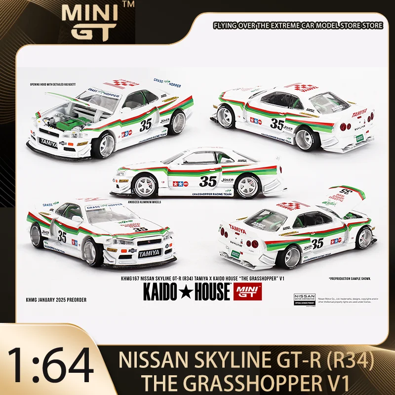 

Kaido House + MINIGT 1:64 Nissan Skyline GT-R (R34) The GRASSHOPPER V1 Alloy Premium Diecast Vehicle Model Toy Collectible