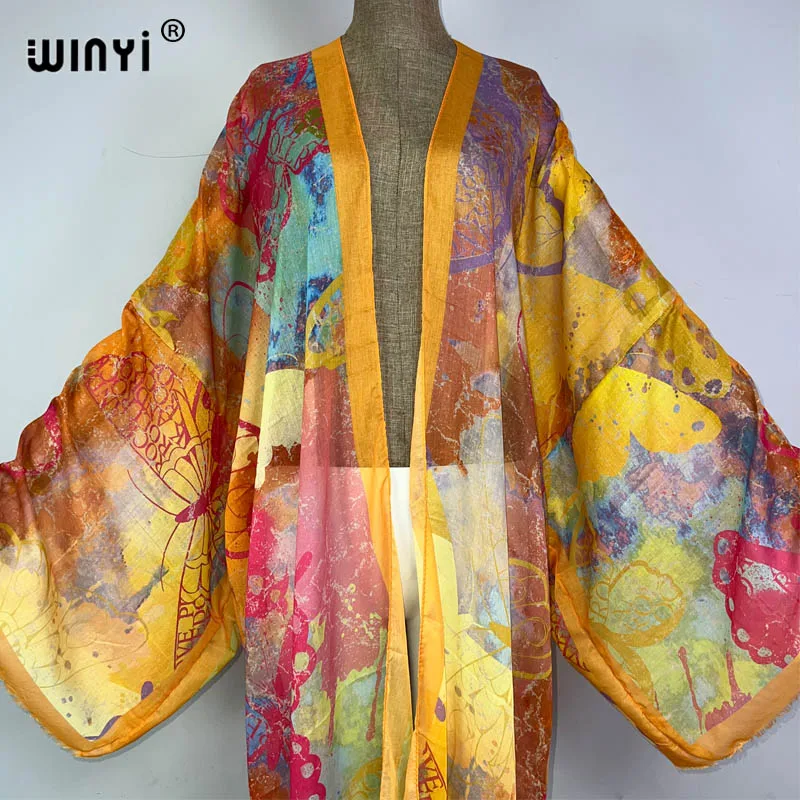 WINYI kimono summer gild print kaftans beach cover ups for women Elegant Cardigan sexy Africa coat beach outfits long down dress