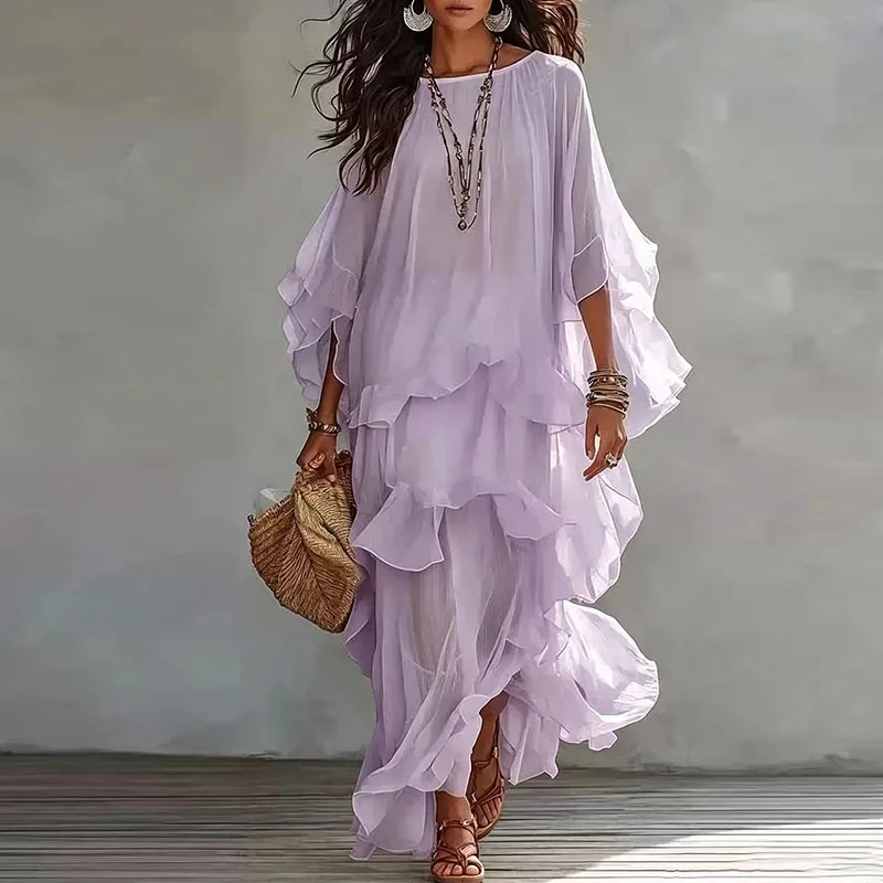 Vintage Solid Tiered Ruffle Mesh Dress Women Crew Neck Loose Batwing Sleeve Sheer Maxi Dress Elegant Holiday Travel Casual Dress