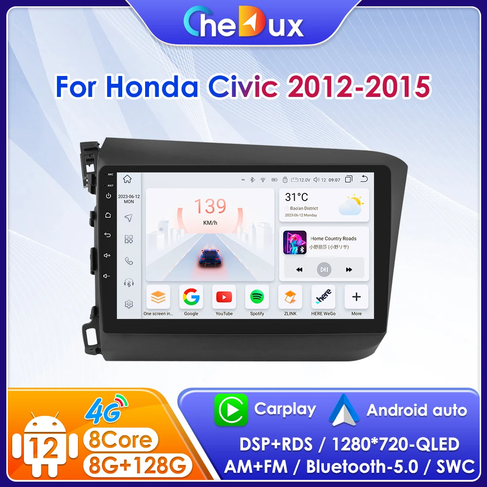 

Chedux Car Radio Android 12 for Honda Civic Auto CarPlay Multimedia Video Player GPS Navigation Autoradio 7856 WIFI 9" 2Din