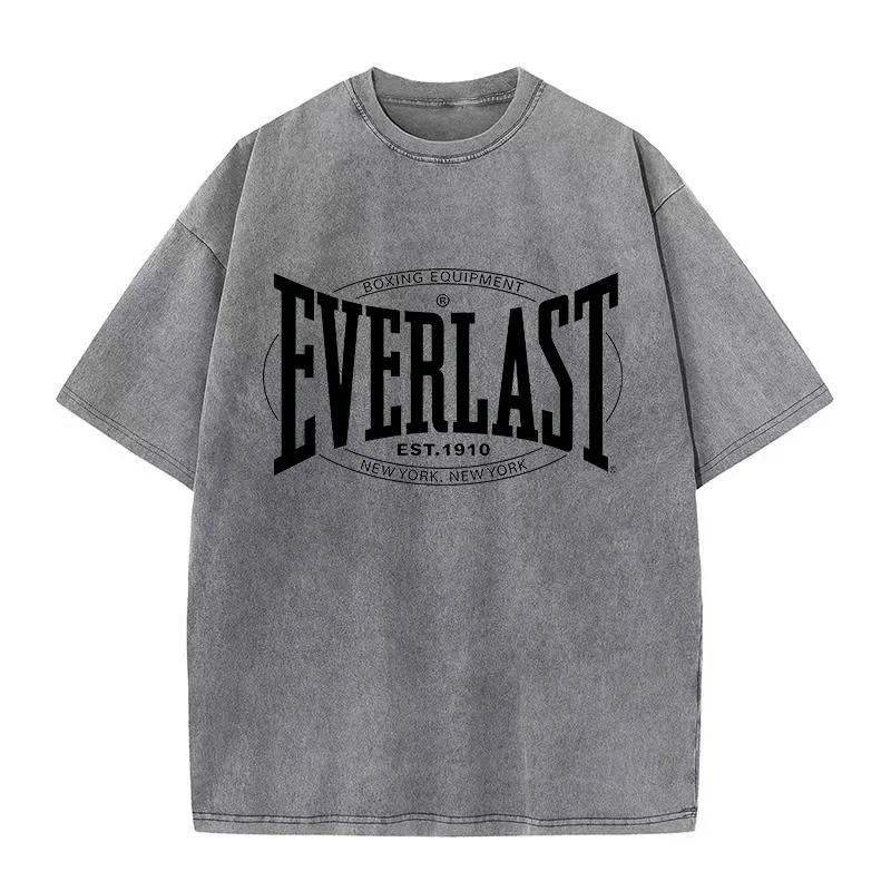 EVERLAST BOXING Summer New Vintage-Style T-Shirt, Retro Bleached Street Trend Graphic Print T-Shirt for Men and Women