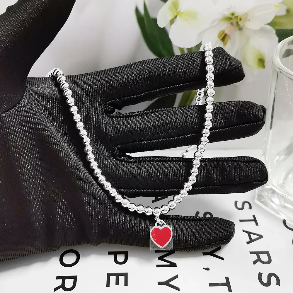 

2025 New S925 Pure Silver 4mm Round Bead Necklace Heart-shaped Classic Fashion Bracelet Headwear for Women