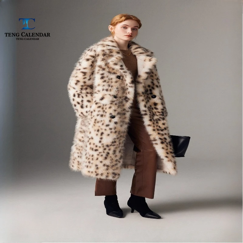Imitation fourrure de renard herbe, mi-long Double boutonnage rétro imprimé léopard montagne chat dégradé manteau de fourrure, Style femme 2025