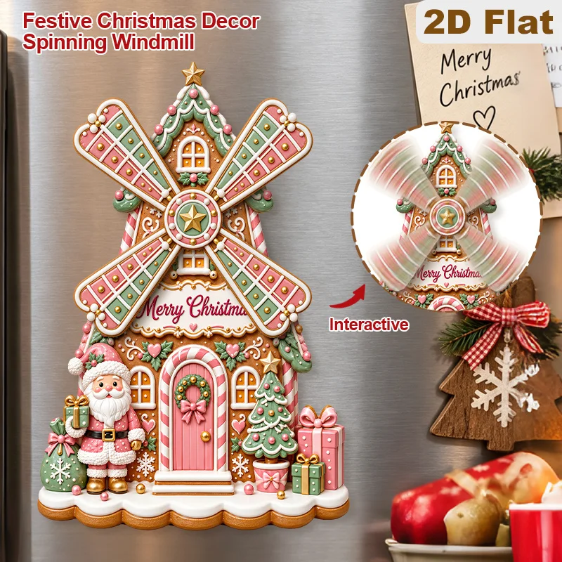 1pc 2D Flat Wooden Pink Green Windmill Candy House Fridge Magnet, Merry Christmas Santa Pinwheel Refrigerator Magnetic, Festive