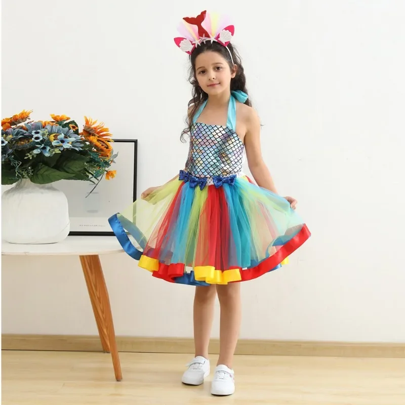 Little Mermaid Princess Dresses for Girls Kids Tutu Dress for Mermaid Birthday Party Costumes Halloween Clothes Set for Children