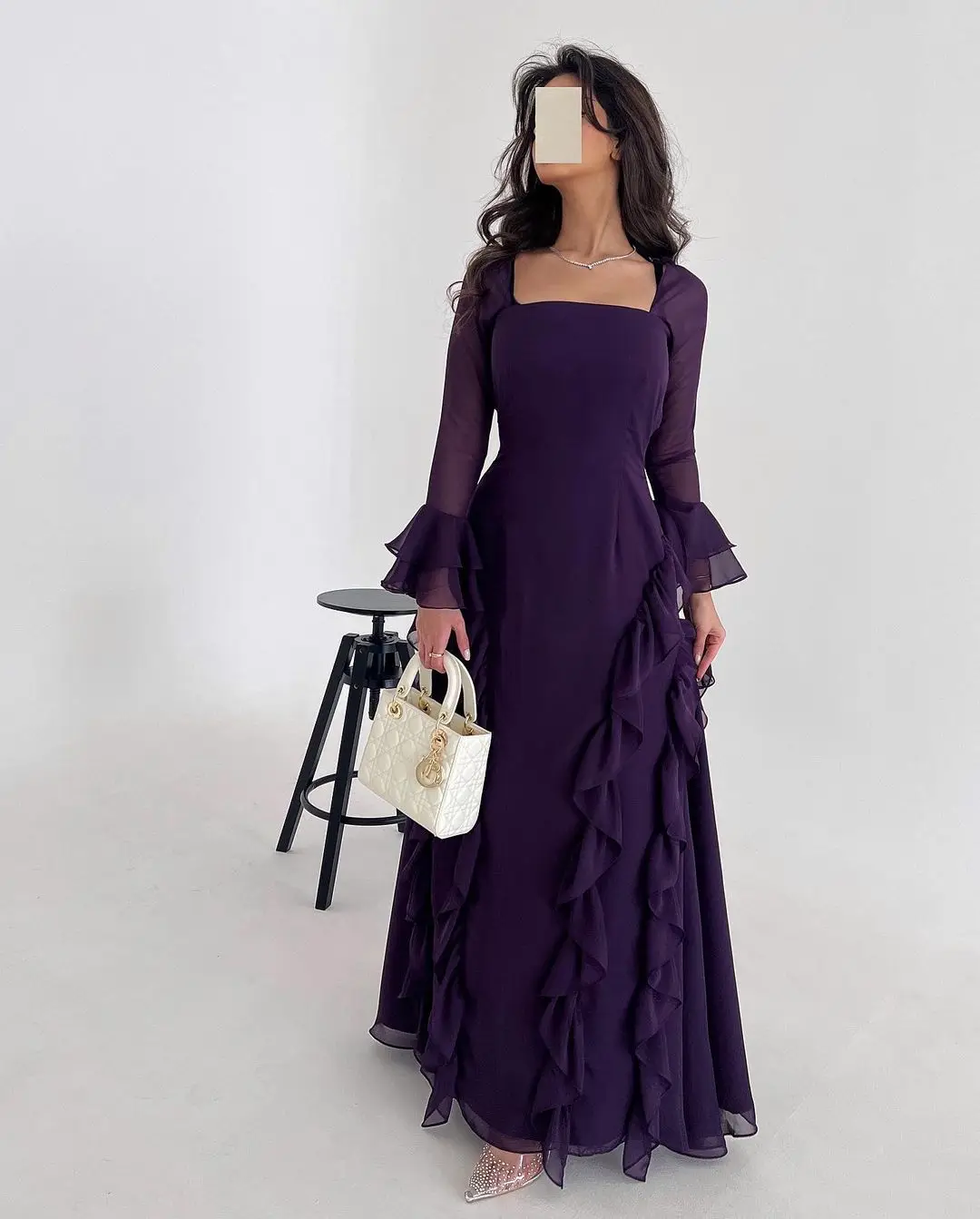 

FLORINE TULIRAIN Square Neckline Full Sleeve Ruffle Sheath Zipper Up Wedding Evening Dress Cocktail Prom Gown For Sexy Women